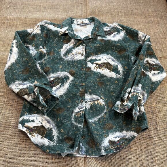 Vintyage Woolrich Men's Sportsman Chamois Pine Cones Cabin Scene Shirt XL USA